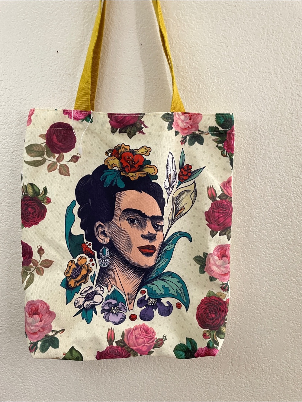 Frida Portrait Floral Canvas Tote Bag Yellow Handles NWOT 13x16